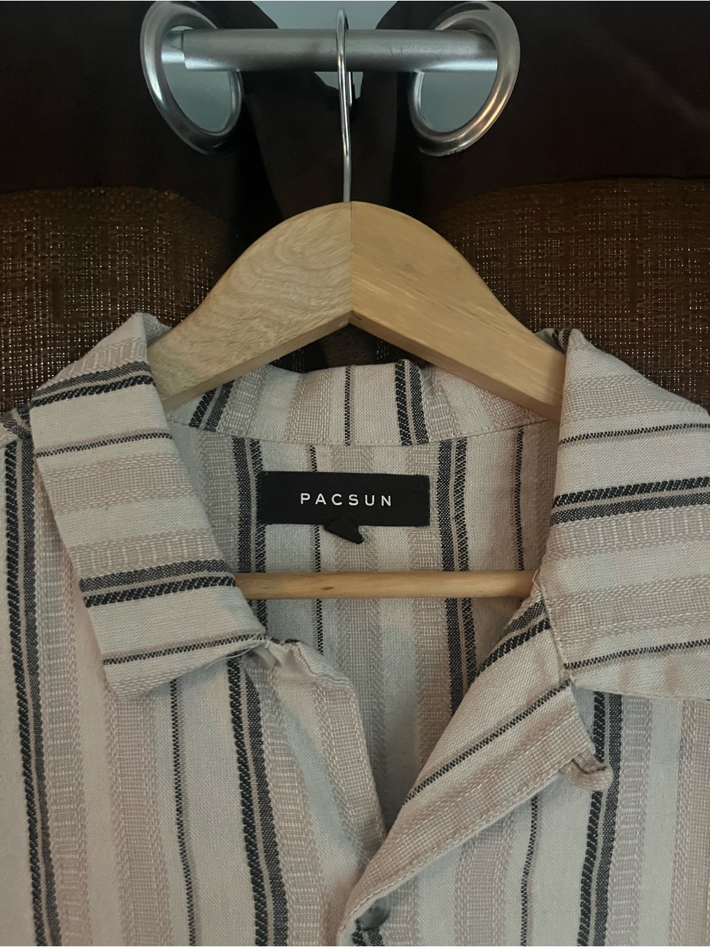 PacSun Cream and Black Striped Short Sleeve Button-Down Shirt